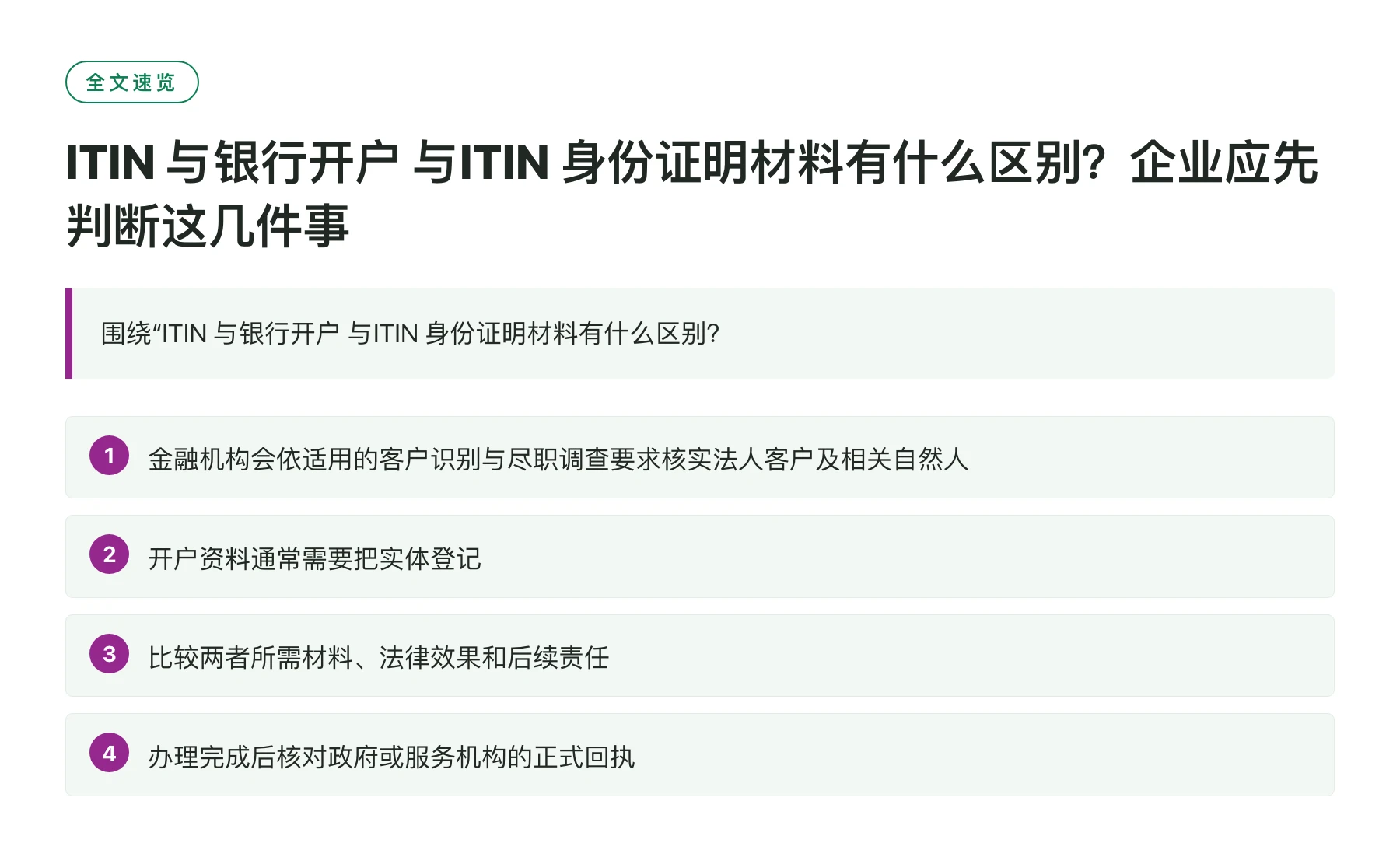 ITIN 与银行开户 与ITIN 身份证明材料有什么区别？企业应先判断这几件事——全文要点速览